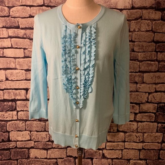 Talbots Sweaters - Talbots Aqua 3/4 Sleeve Cardigan W/ Front Ruffle Size Large